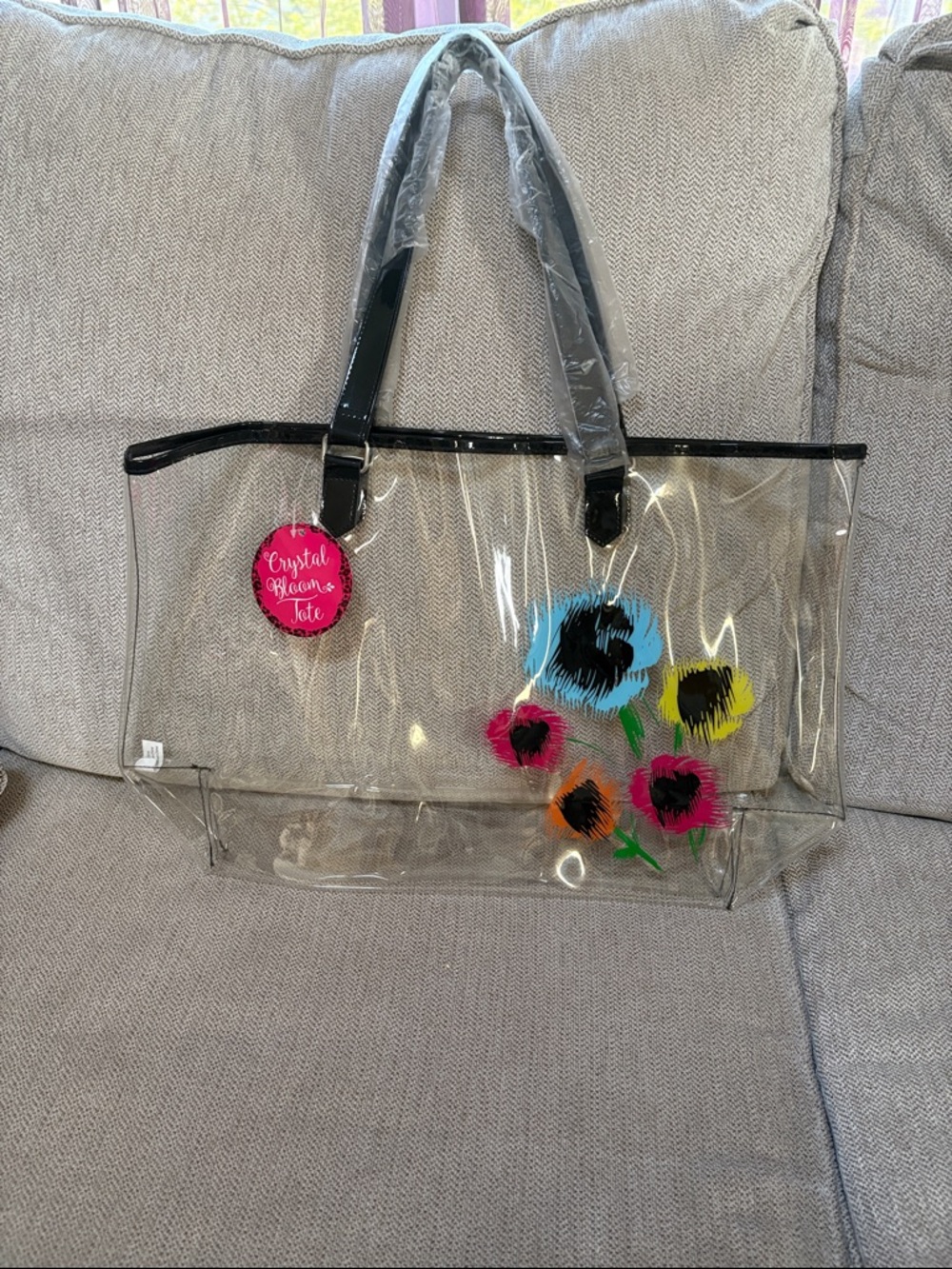 Crystal Bloom Clear Tote Bag with Floral Accents - Black Trim NWT